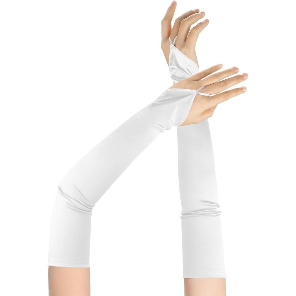 Women's Fingerless White Satin Long Gloves Elbow Length Wedding Party Prom